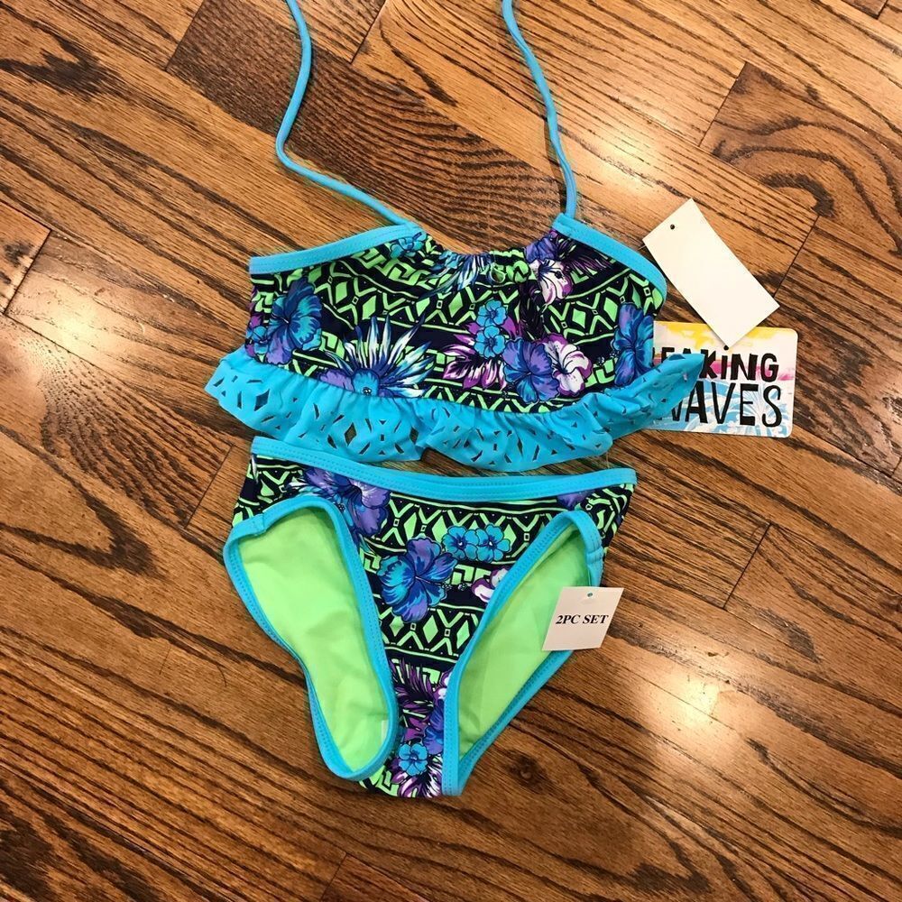New BREAKING WAVES girls Sz 5 aqua swimsuit bikini